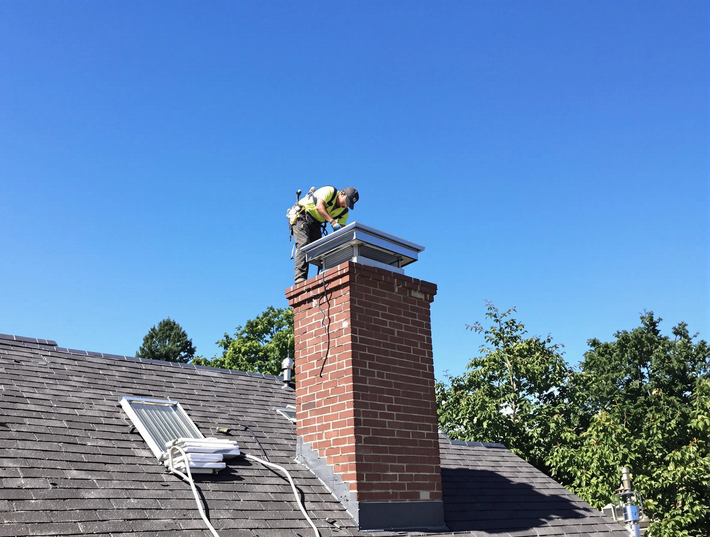 West Bountiful Chimney Sweep technician measuring a chimney cap in West Bountiful, UT